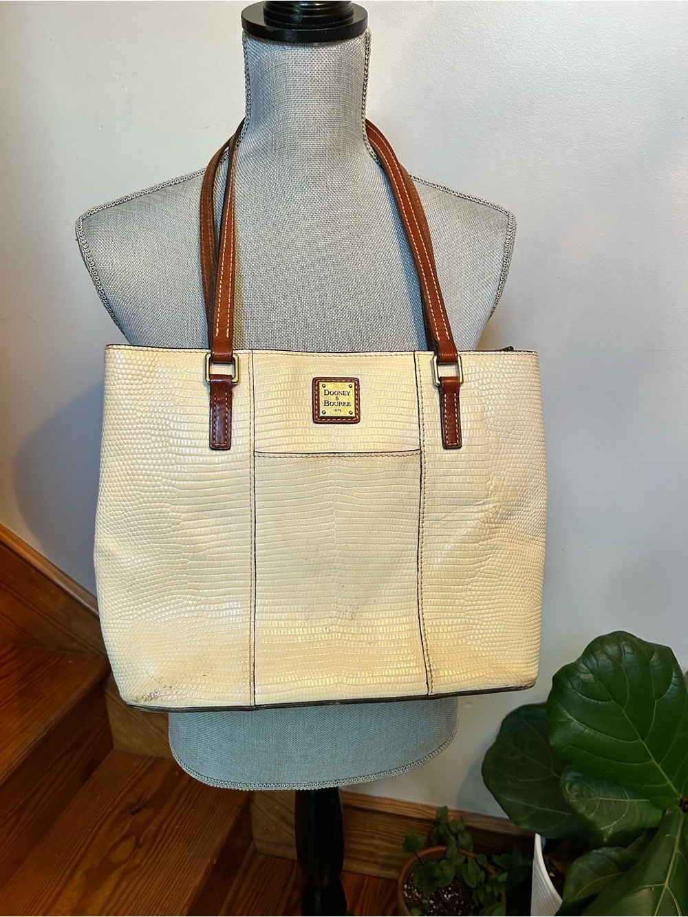 Dooney & Bourke Cream Tote with Brown Leather Handles